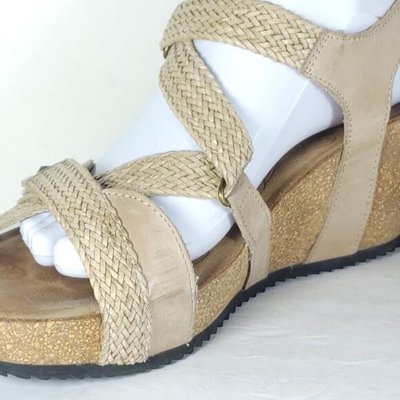 Taos Women’s Julia US9-9,5 Beige Leather Woven Cork Wedge Strappy Sandals - Picture 15 of 16